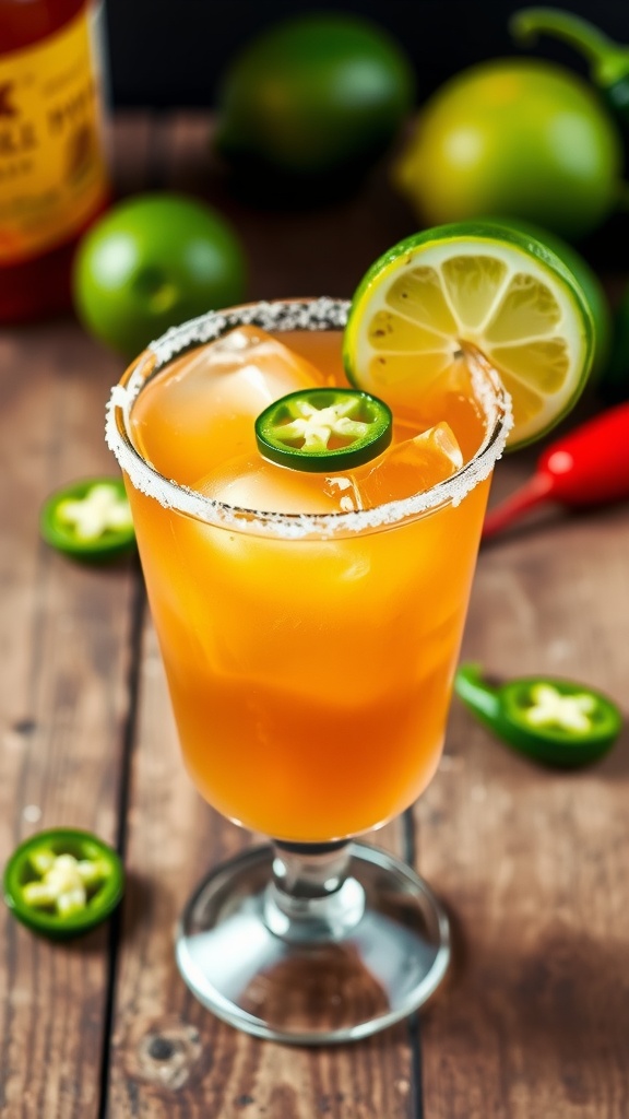 Spicy bourbon margarita in a salt-rimmed glass, garnished with lime and jalapeño, on a wooden table.